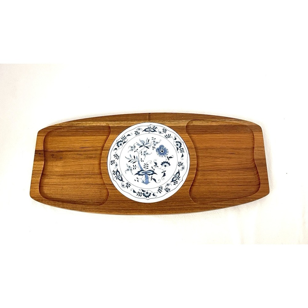 Vintage Dolphin Teak‎ Wood Blue Onion Tile Cheese Cutting Board Serving Tray